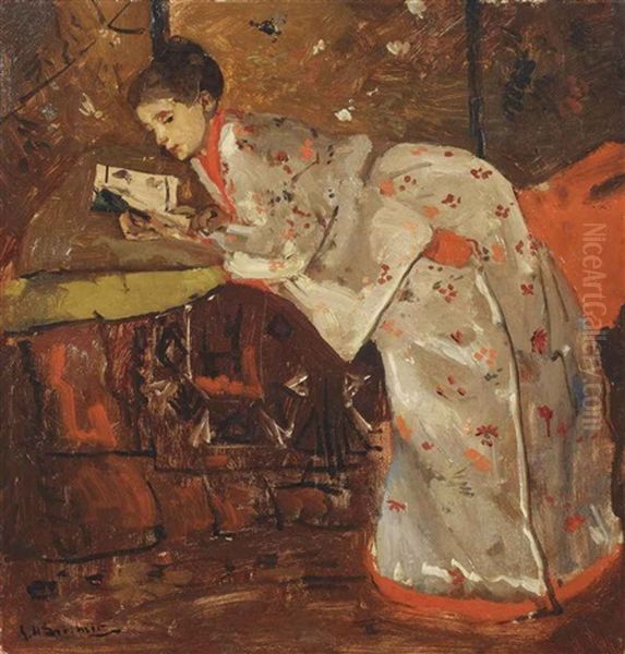 Vrouw In Japansche Kimono (geesje Kwak): Girl In A White Kimono Oil Painting by George Hendrik Breitner