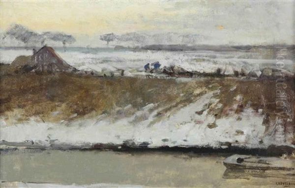A Farmyard In The Snow At Sunset Oil Painting by George Hendrik Breitner