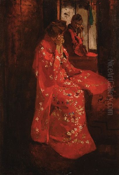 Girl In Red Kimono In Front Of A Mirror Oil Painting by George Hendrik Breitner