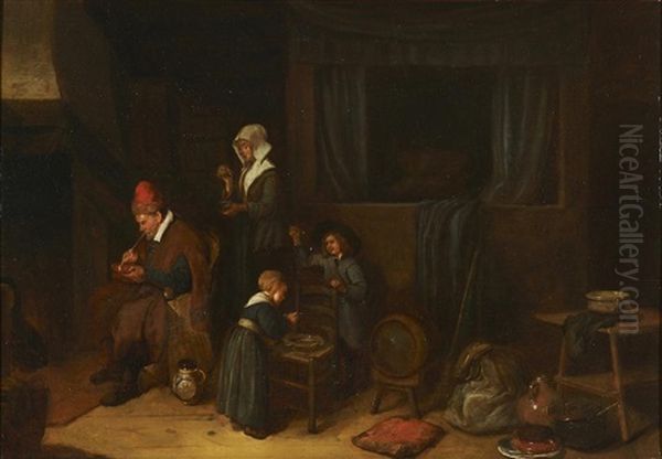 A Kitchen Interior With A Family Eating Before A Fire Oil Painting by Quiringh Gerritsz van Brekelenkam