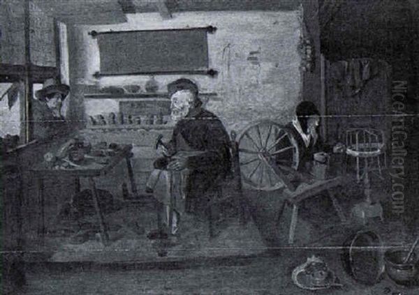 A Shoemaker At Work With An Old Woman At A Spinning Wheel And A Man Leaning Through A Window Nearby Oil Painting by Quiringh Gerritsz van Brekelenkam