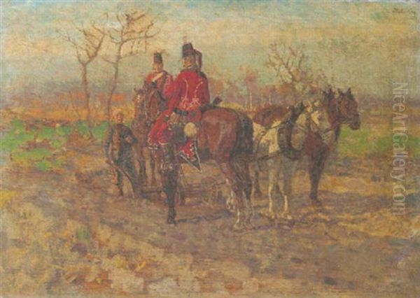 Fischerhude. Husaren Bei Einem Pflugenden Fischerhuder Bauern Auf Dem Feld Oil Painting by Heinrich Breling