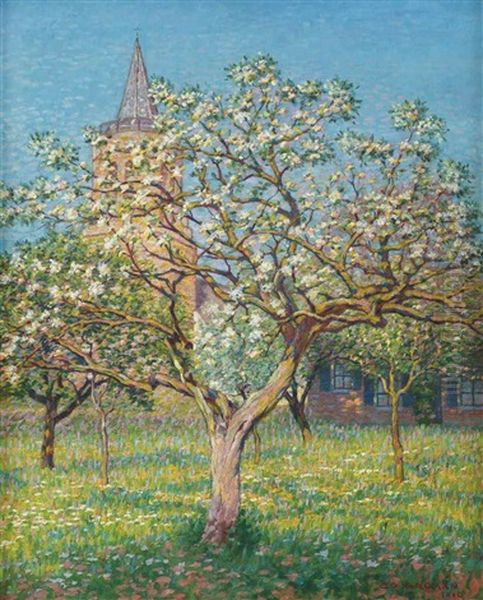 Blossoming Tree With The Church Of Laren In The Distance Oil Painting by Co Breman