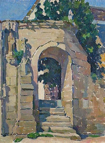 A View Through A Stone Arch With Steps Oil Painting by Anne Bremer