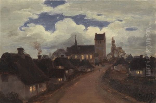 Village Church In Moonlight Oil Painting by Hans Andersen Brendekilde