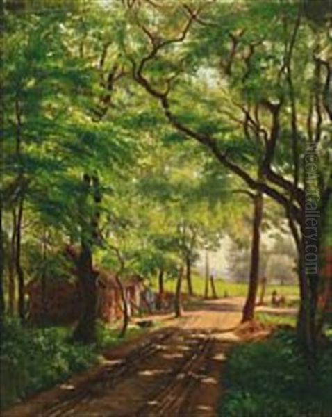 Forest Scene With Cottage And Women At Work Oil Painting by Hans Andersen Brendekilde