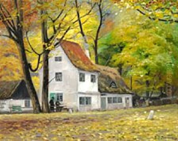 An Autumn Day With Two Painters Outside Peter Liep's House In Dyrehaven Oil Painting by Hans Andersen Brendekilde