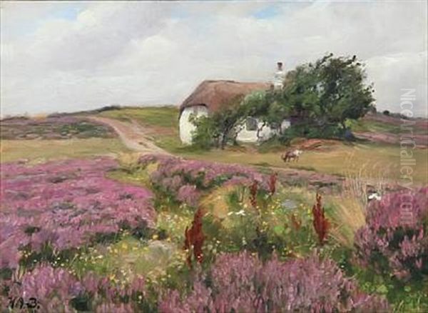 Summer Day In The Countryside With Heather And A Thatched Cottage In The Background Oil Painting by Hans Andersen Brendekilde