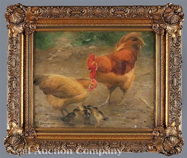Hen, Rooster And Chicks Oil Painting by Hans Andersen Brendekilde