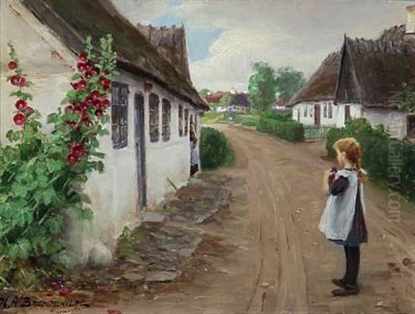 Summer Idyll In A Village With A Girl Standing In The Middel Of A Road Oil Painting by Hans Andersen Brendekilde
