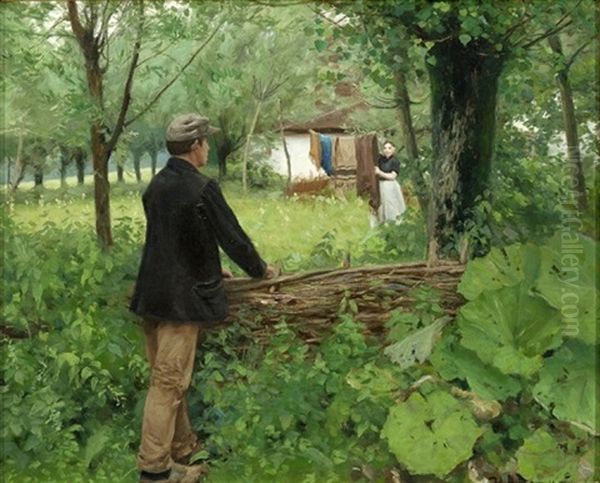 Forarsscene Med Ung Mand Ved Stakit Og Kvinde, Der Haenger Taepper Pa Torresnor Oil Painting by Hans Andersen Brendekilde