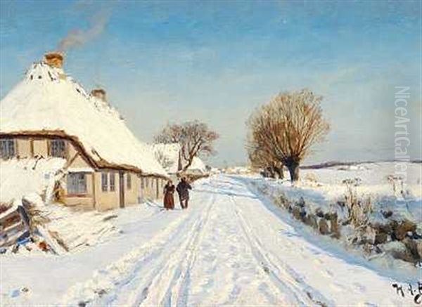 Solbeskinnet Landevej I Udkanten Af En Landsby, Vinter Oil Painting by Hans Andersen Brendekilde