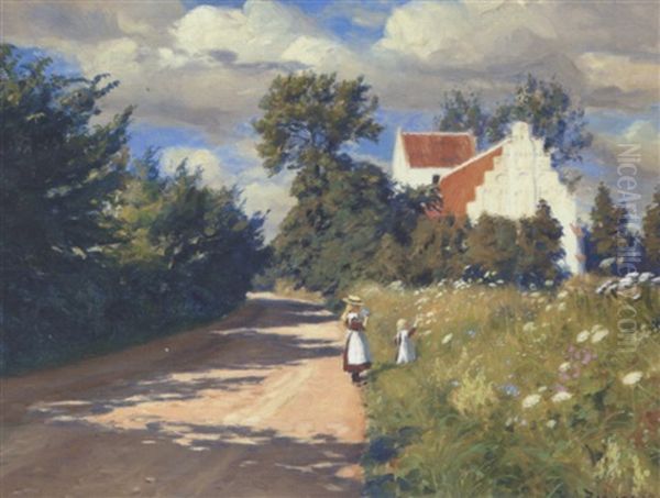 Smapiger, Der Plukker Blomster Ved Brendekilde Kirke En Sommerdag Oil Painting by Hans Andersen Brendekilde