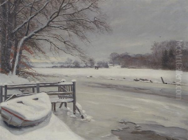 Vinterdag Ved Aen, I Baggrunden Vender Jaegerne Hjem Oil Painting by Hans Andersen Brendekilde