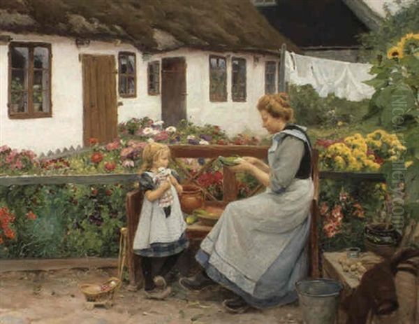 Blomstrende G+rdhave Med Moder Og Lille Pige Oil Painting by Hans Andersen Brendekilde