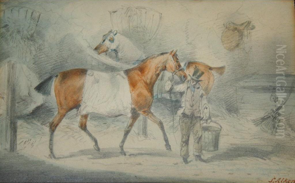 Groom With Two Horses In A Stable Oil Painting by Samuel Jun Alken