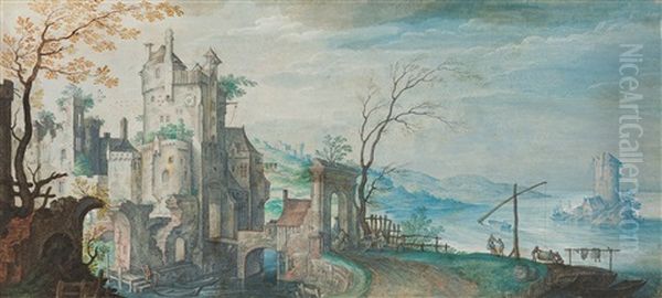 Landschaft Mit Einem Wasserschloss (after Claesz Jansz Visscher I) Oil Painting by Friedrich The Elder Brentel