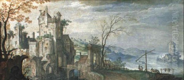 Fantastic Landscape With A Moated Castle By The Sea Oil Painting by Friedrich The Elder Brentel