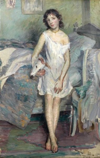 Jeune Fille Sur Un Lit Et Son Chien (+ Fleurs, Verso) Oil Painting by Marie Louise Catherine Breslau