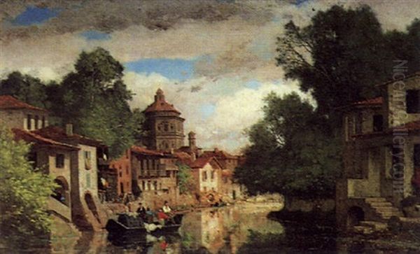 Blick In Eine Stadt An Einem Flus Oil Painting by Germain Fabius Brest
