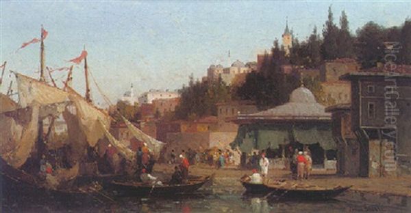 Turkish Port Scene Oil Painting by Germain Fabius Brest