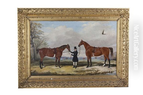 A Hunt Servant, Believed To Be Dixon Holding Hunters In A Landscape Oil Painting by Thomas W. Bretland
