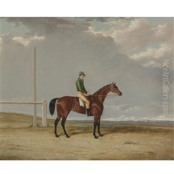 A Bay Racehorse Lady Fane With Jockey Up On A Racecourse Oil Painting by Thomas W. Bretland