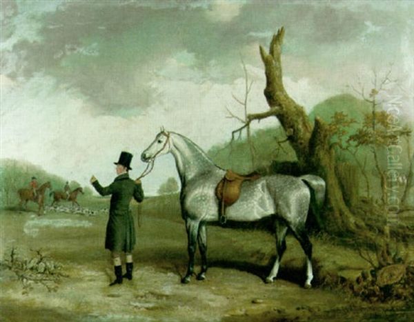 A Dappled Grey Held By A Huntsman With Huntsmen And Hounds Beyond, In A Landscape Oil Painting by Thomas W. Bretland