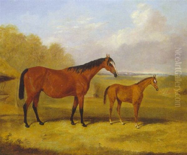 A Bay Mare With A Chestnut Foal In An Extensive Landscape Oil Painting by Thomas W. Bretland