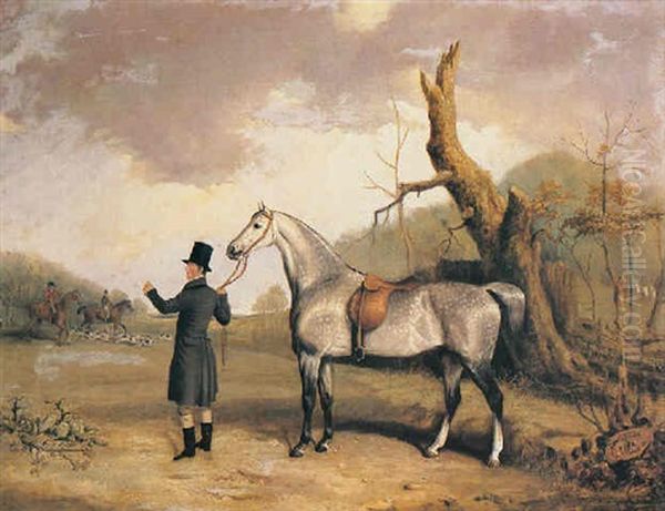 A Gentleman With A Grey Hunter In A Landscape, A Hunt Beyond Oil Painting by Thomas W. Bretland
