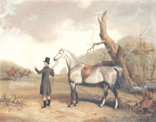 A Gentleman With His Hunter In A Landscape, Huntsmen And Hounds Beyond Oil Painting by Thomas W. Bretland