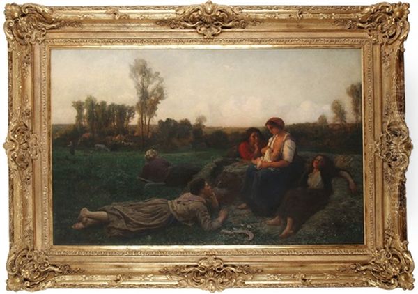 A Snowy Winter Landscape Oil Painting by Jules Breton