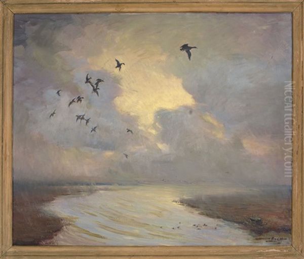 Ducks In Flight Oil Painting by Harold Matthew Brett