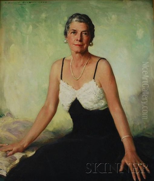 Portrait Of A Seated Woman In A Black And White Gown Oil Painting by Harold Matthew Brett