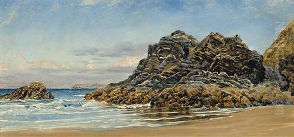 The Black Rock, Tresaithe, Wales Oil Painting by John Brett