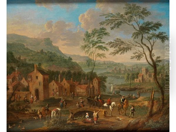 Dorfszene An Einem Fluss Oil Painting by Karel Breydel