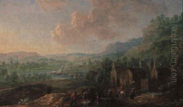 Weite Von Bergen Begrenzte Fluslandschaft Mit Reitern Oil Painting by Karel Breydel