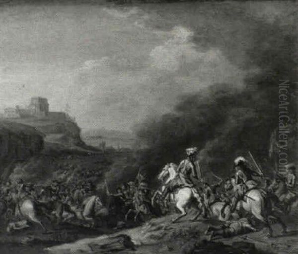 Battle Scene Before A Castle Oil Painting by Karel Breydel