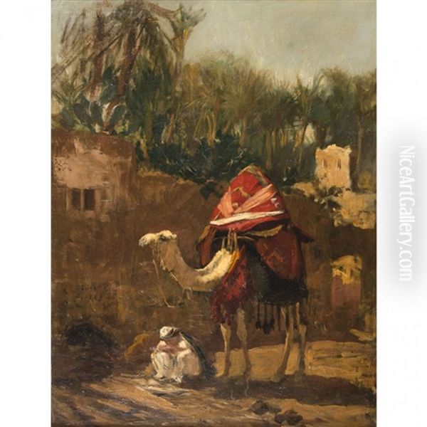 Camel And Merchant At A Town Gate Oil Painting by Frederick Arthur Bridgman