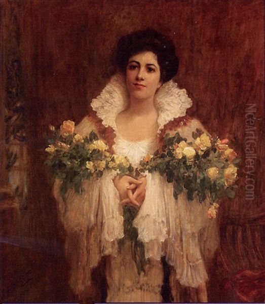 Woman In White Holding Yellow Roses Oil Painting by Frederick Arthur Bridgman