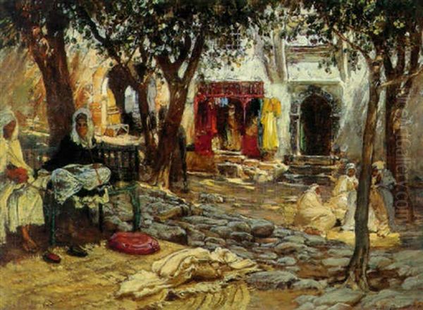 Idle Moments An Arab Courtyard Oil Painting by Frederick Arthur Bridgman