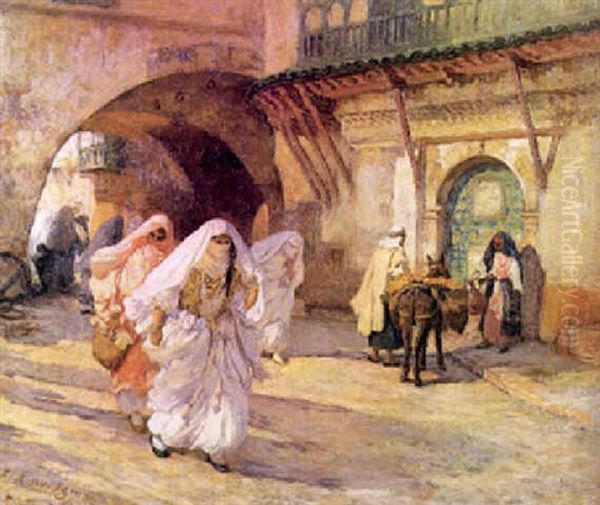 Arab Women In A Street Oil Painting by Frederick Arthur Bridgman