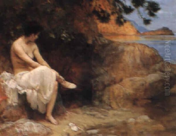 Preparing For A Bath Oil Painting by Frederick Arthur Bridgman