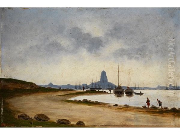 Kustenlandschaft Mit Schiffen Oil Painting by Francois Eugene Augustin Bridoux