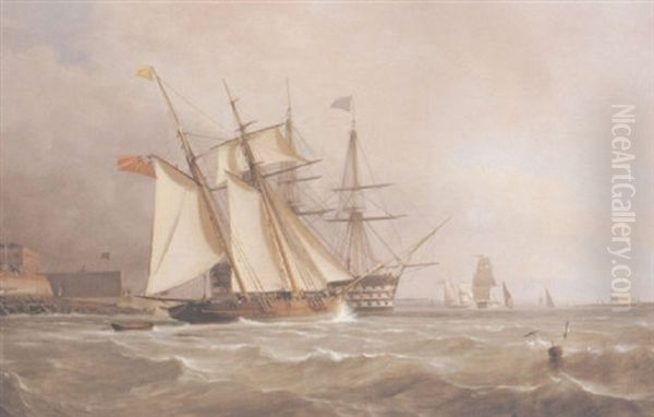 A Trading Schooner Overhauling A First Rate Off Garrison Point, Sheerness Oil Painting by Sir Oswald Walters Brierly
