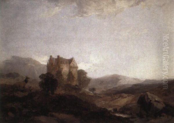 Deer Before A Castle In Scotland Oil Painting by Henry Bright