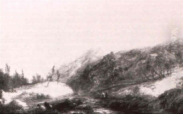 Goatherders In A Swiss Alpine Landscape Oil Painting by Henry Bright