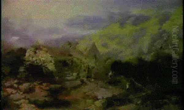 A Watermill In The Welsh Mountains Oil Painting by Henry Bright