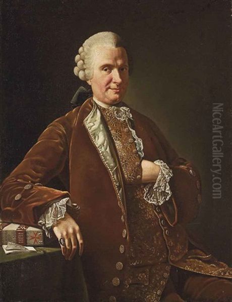 Portrait Of A Gentleman Seated, In A Rust Coat And Gold Embroidered Waistcoat, His Right Hand Resting On A Book Oil Painting by Giovanni Francesco Briglia
