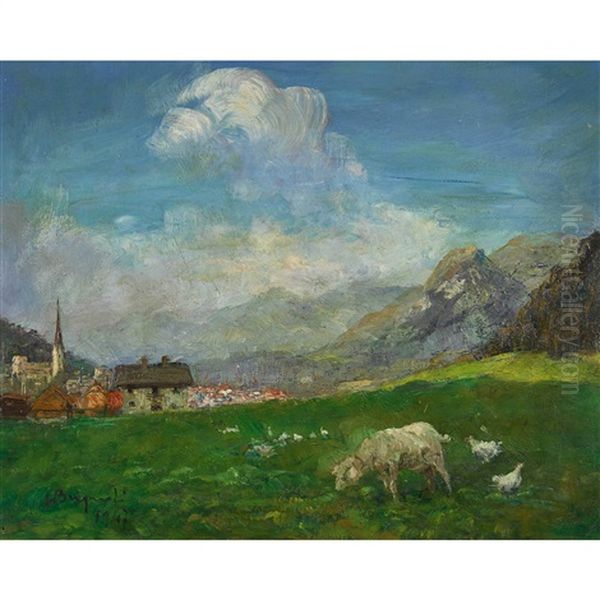 Bergdorf Mit Schaf Und Huhnern Oil Painting by Luigi Brignoli